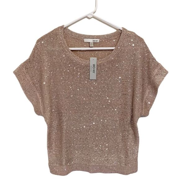 WD.NY New Top Short Sleeve Knit NWT Sweater Gold Sequins Dressy Size Medium - Picture 1 of 6